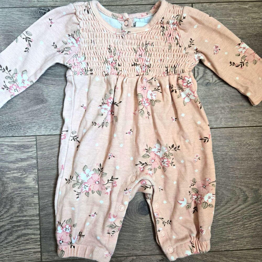 Laura Ashley Baby Girl 0-3M Floral Smocked Romper One Piece Pink Cotton Jumpsuit